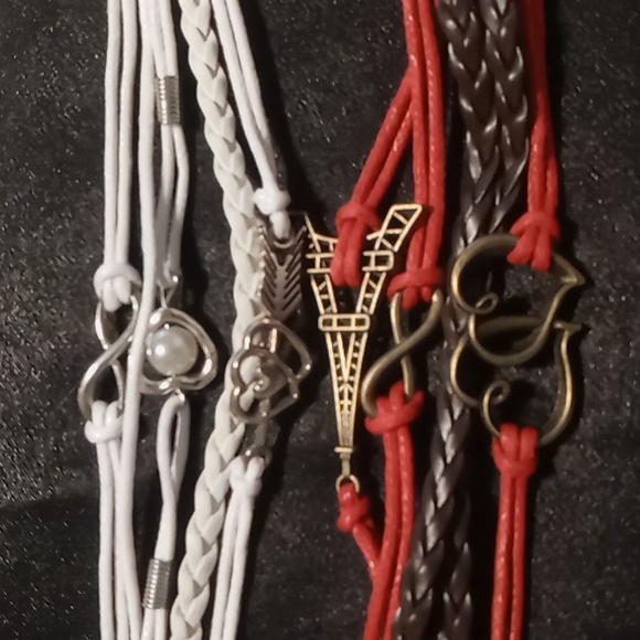 Leather braided layered charm bracelet. Red,brown,white. extendable - Picture 2 of 4